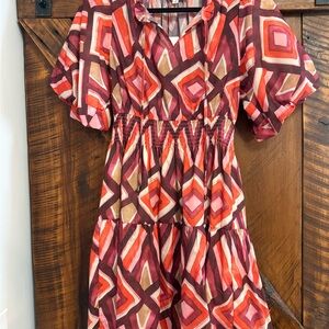 THML Geometric Midi Dress in Red and Pink